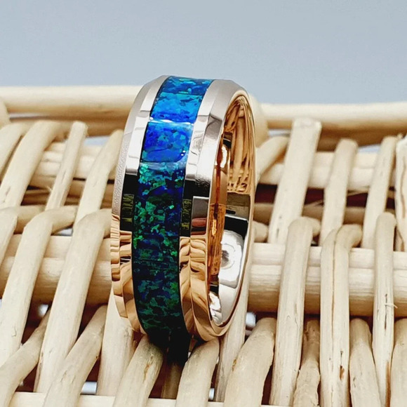 Opal Inlay Rose Gold Tungsten Wedding Band for Men Women